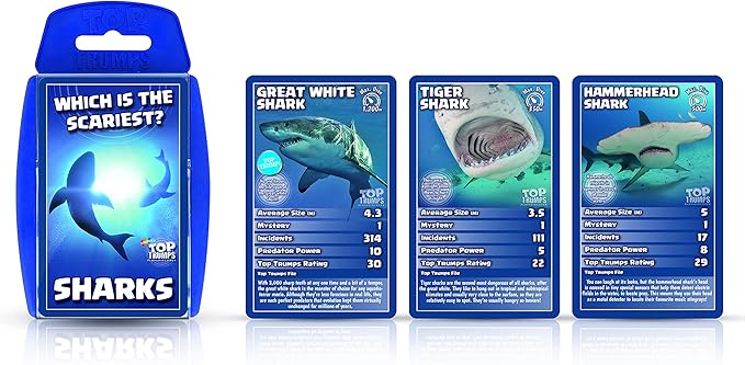 Top Trumps Sharks Classics Card Game, learn about Great White Sharks, Tiger Sharks and Hammerheads in this educational pack, gift and toy for boys and girls aged 6 plus