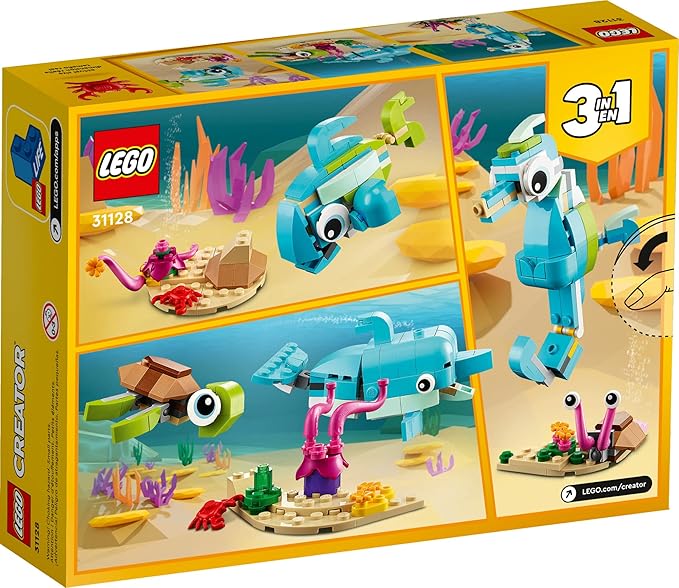 LEGO Creator 3 in 1 Dolphin and Turtle Toys for Kids, Transforms to Seahorse and Sea Snail or to Swimming Fish and Crab, Toy Sea Animal Figures Building Set for Kids 6 Plus Years Old, 31128
