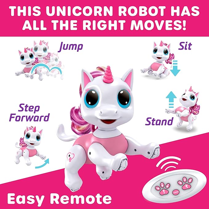 Power Your Fun Unicorn Robo Pets Unicorn Toy for Girls and Boys - Remote Control Robot Toy with Interactive Hand Motion Gestures, STEM Toy Program Treats, Walking, Dancing Robot Unicorn Kids Toy Pink