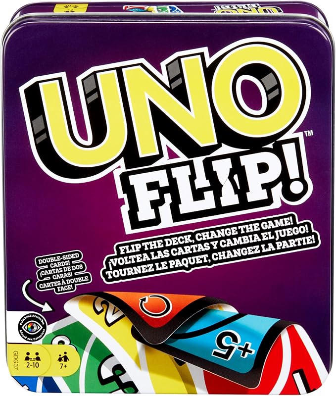 Mattel Games UNO Flip! Card Game for Kids, Adults & Family Night with Double-Sided Cards in Collectible Storage Tin (Amazon Exclusive)