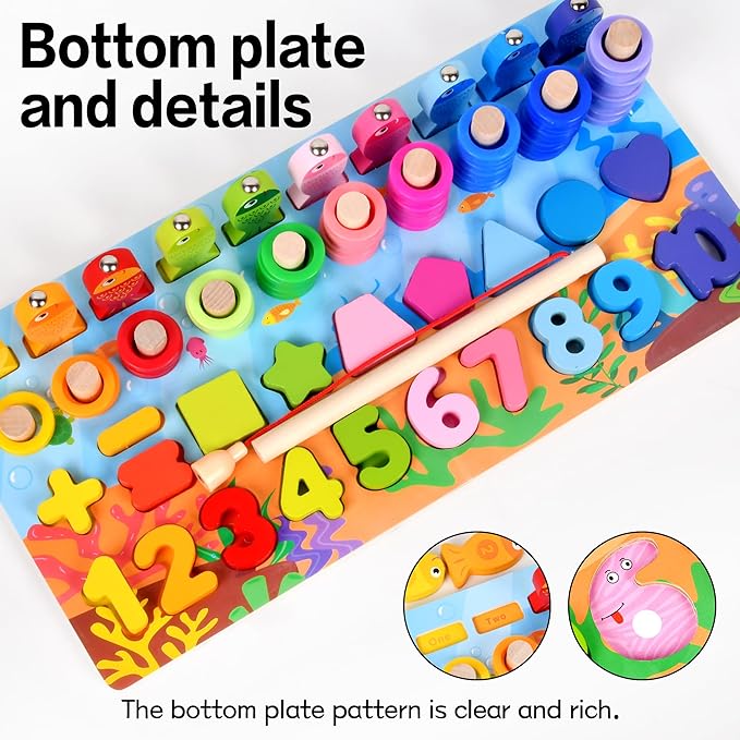 Wooden alphanumeric Shapes Jigsaw Ring Count Classification Toys Math Shapes Building Blocks Toddler Learning Playboard Math Fishing Educational Toys Montessori Educational Toys (color3)