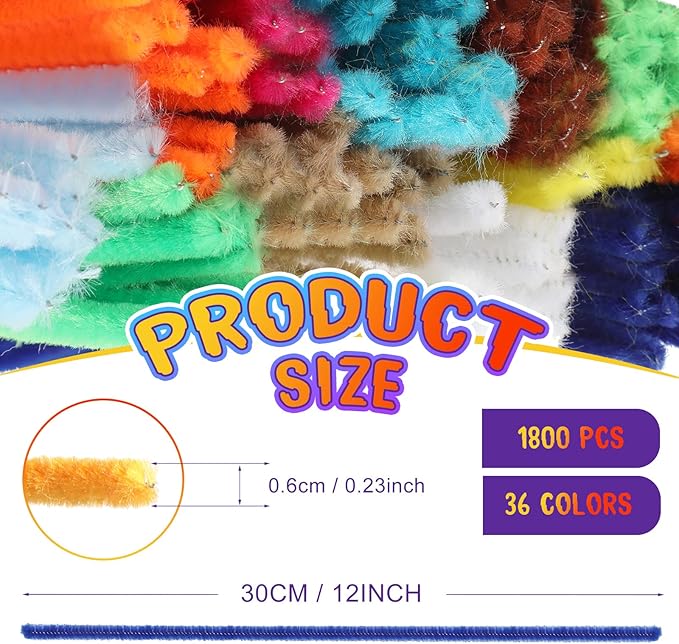 1800 Pcs Pipe Cleaners 6 mm by 12 Inch Chenille Stems Pipe Cleaners Craft Supplies Art Supplies for Kids Adults DIY Creative Decorations, 36 Assorted Colors