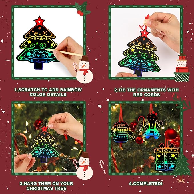 JULMELON Christmas Scratch Art, 36 PCS Christmas Crafts Kits for Kids Rainbow Magic Scratch Paper Cards Xmas Hanging Ornaments Decorations DIY Winter Holiday Party Favors