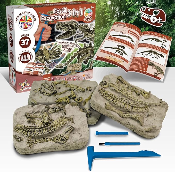 Science4you Dinosaur Fossil Excavation 3 in 1 - Fossil Digging Kit for Kids: T-Rex & Triceratops & Stegosaurus, 3 Dinosaurs Toys for Kids, 37 Pieces, Toys, Games, Gifts for 6+ Year Old Boys and Girls