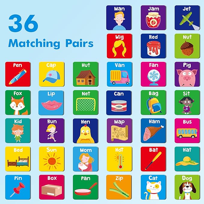 Hebayy CVC Word Matching Game, 72 PCS CVC Words Memory Matching Cards for Toddlers 36 Pairs Memory Cards Educational Toys for Preschool Boys & Girls 4 5 6 Years Old