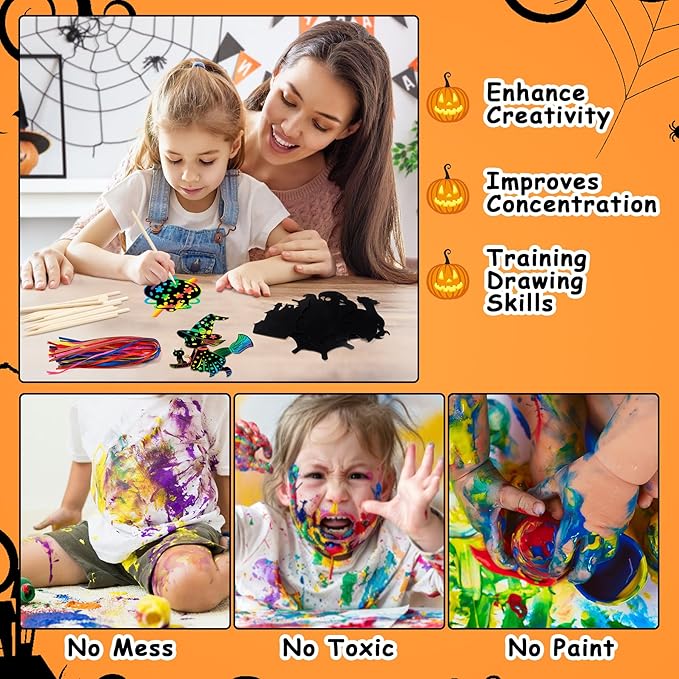 Halloween Scratch Paper Art Set - 48 Pcs Halloween 12 Design Magic Rainbow Scratch Off Cards for Kids, Hanging Ornaments for Halloween Party Favors Activities