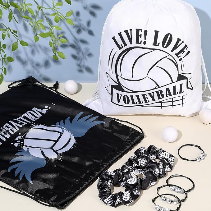 Yungyan 48 Pcs Volleyball Party Favors Set Volleyball Goodie Bags 24oz Volleyball Cups with Lids Sport Drawstring Bags Volleyball Hair Ties Bracelets for Team Gifts Volleyball Party Supplies