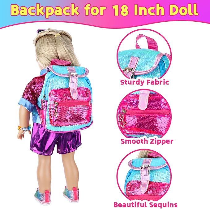 10 Pcs American 18 Inch Doll Accessories, 3-piece 18 Inch Doll Clothes Set with Doll Shoes, Hair Clip, Gradient Backpack, Bracelet, Sunglasses, Notebooks, Toy Tablet, Phone - Best Gift for Kids
