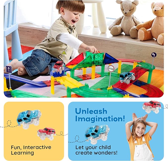 PicassoTiles 80 Piece Race Car Track Building Block Educational Toy Set Magnetic Tiles Magnet DIY Playset 2 Light Up Car STEM Learning Construction Kit Hand-Eye Coordination Fine Motor Skill Training