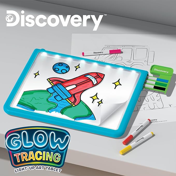 Discovery™ Glow Tracing Light-Up Art Tablet – Includes 10 Templates, 10 Blank Sheets, 6 Washable Markers| Writing Drawing Tablet for Kids| Craft Kit for Boys Girls| Doodle Board Drawing Pad Toy Gift