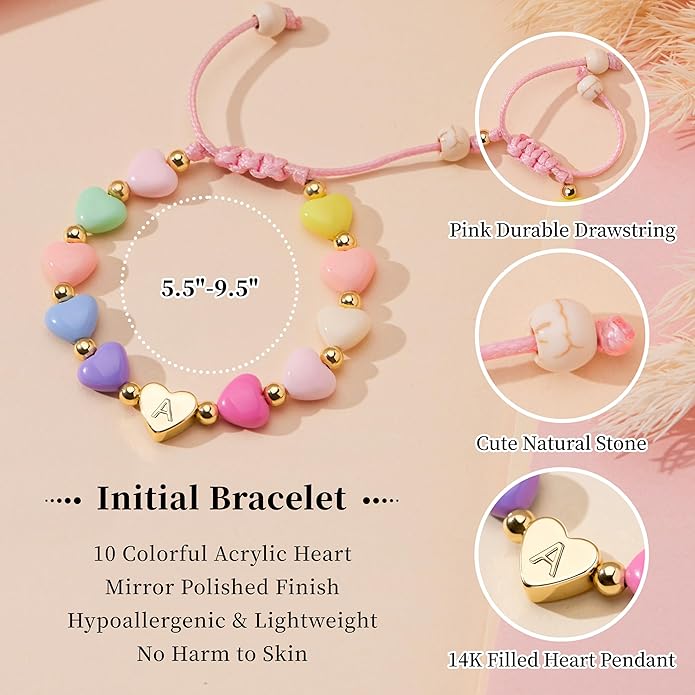 Mothers Day Gifts for Young WomenTeen Girls Kids, Initial Heart Bracelets for Little Girls Bulk, Cute Preppy Letter A-Z Charm Bracelet, Colorful Personalized 3-18 Year Old Birthday Gifts for Mom, Ganddaughter, Sisters, Toddler