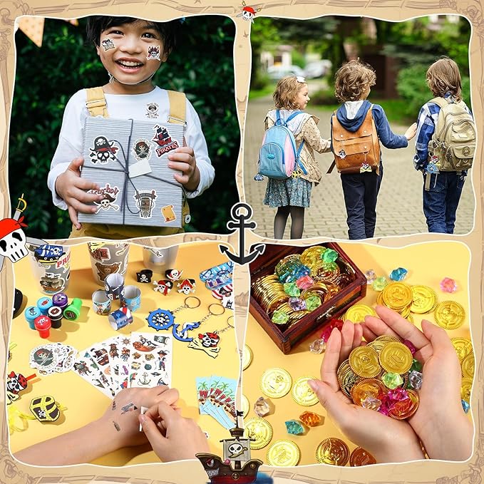 Spakon 283 Pcs Pirate Party Favors Supplies Halloween Party Include Pirate Pendants Bracelets Cup Straw Keychains Rings Eye Masks Mustache Tattoo Stickers Gold Coins Cards for Birthday Party