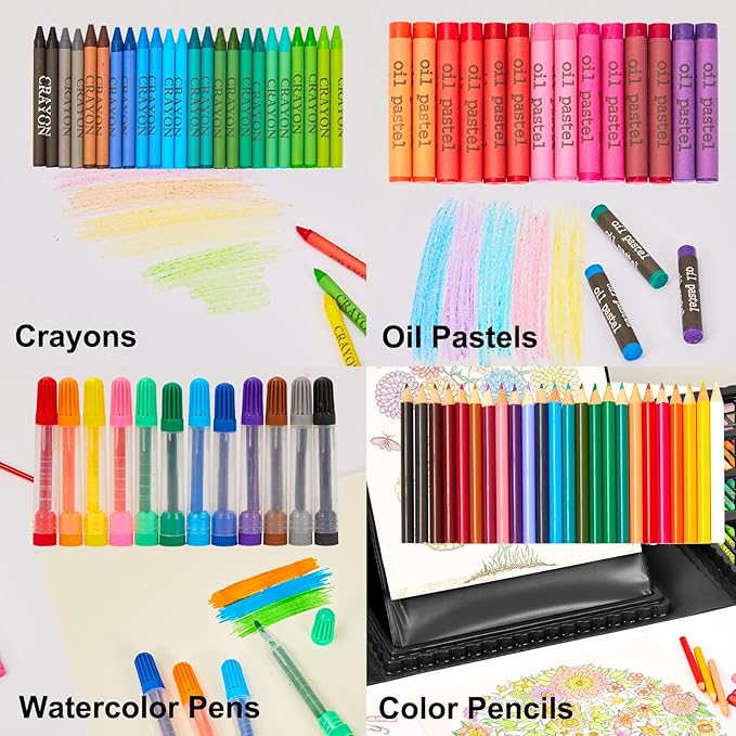 KINSPORY Art Kit, 290 Pack Art Sets Crafts Drawing Coloring kit, Double-Side Trifold Easel, Oil Pastels, Crayons, Colored Pencils, Creative Gift for Beginners Artists Girls Boys Kids (Black)