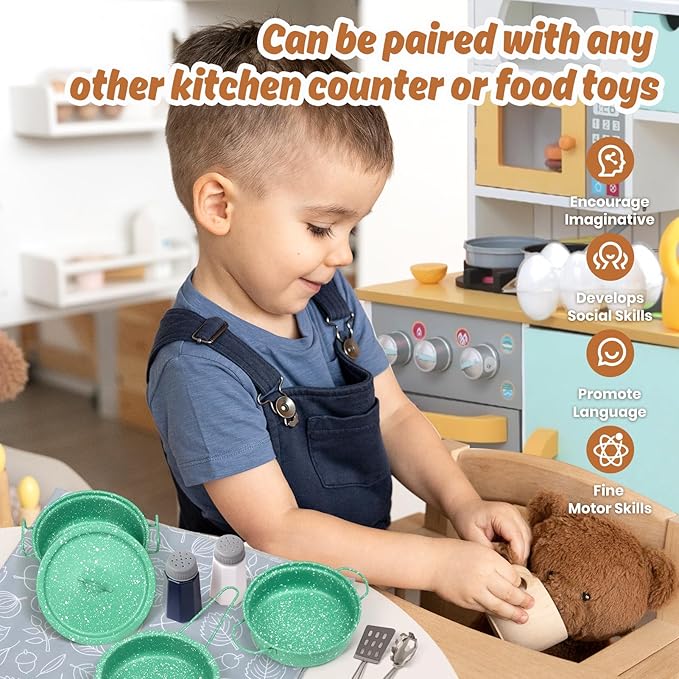 Kids Play Kitchen Toy Accessories Set Toddler Cooking Playset Colorful Stainless Steel Pots and Pans Birthday Gifts for 3+ Girls Boys (New Green)