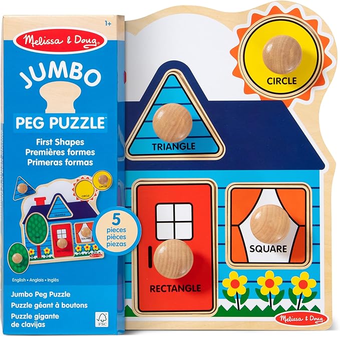 Melissa & Doug First Shapes Jumbo Knob Wooden Puzzle - Wooden Peg Chunky Baby Puzzle, Preschool Learning Shapes Knob Puzzle Board For Toddlers Ages 1+