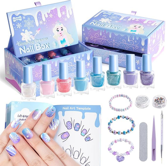 Tomons Kids Nail Polish Set for Girls, Non Toxic Nail Polish Art Kit for Kids Ages 7-12, Frozen Toys Gifts for 8 9 10 11 12 Girl, Bracelets, Glitter, Sequins, Stickers - 8 Colors
