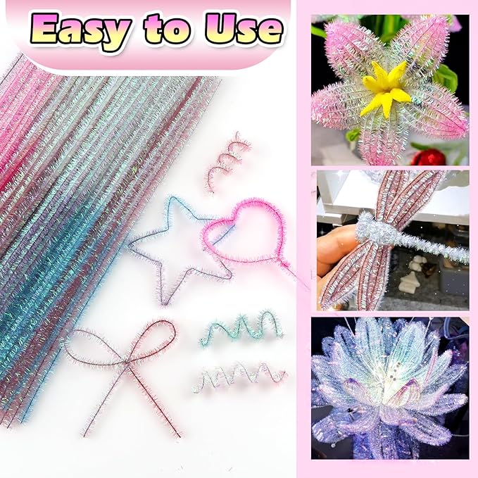 TOAOB 100pcs Gradient Glitter Pipe Cleaners 10 Colors Chenille Stems for Crafts 12 Inch Fuzzy Sticks Craft Supplies for DIY Art Craft Projects Home Decorations