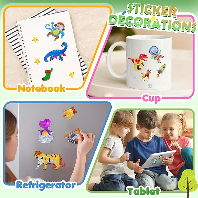 Fun Foil Art Craft Kits, 2 In 1 DIY Dinosaur & Space Creative Sticker Coloring Activity, Travel Toys, Arts and Crafts for Kids 4-6, No Mess Art Craft Supplies, 4 5 6 7 8 9 10 Year Old Boy Girl Gifts