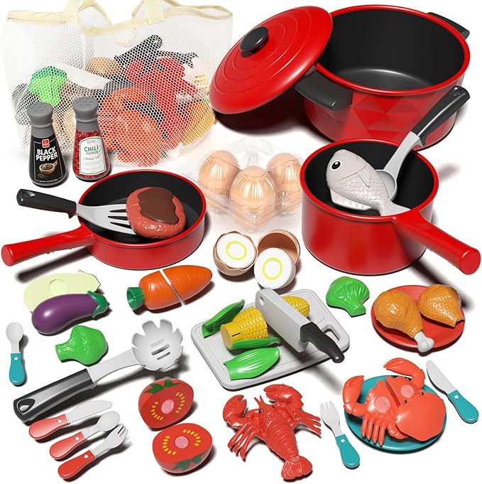 Lehoo Castle Play Kitchen Accessories, Play Pots and Pans Sets for Kids Kitchen, Play Food Sets for Kids, Toddler Cooking Set with Utensils, Toy Foods for Toddlers 3-5, Toys for 3+ Years Old Girls