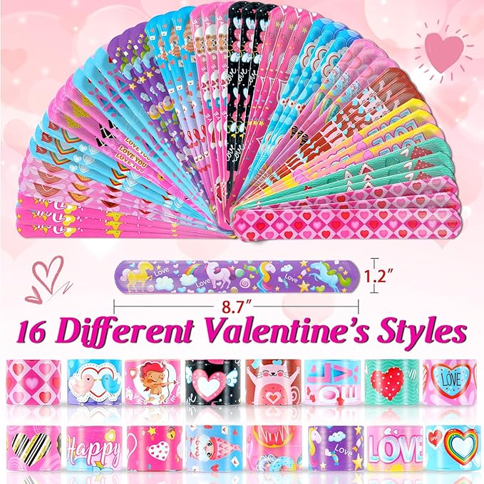 Valentine's Day Slap Bracelets 48Pcs Valentine's Day Party Favors for Kids Valentine's Day Snap Bracelets Party Supplies Valentine's Prize for student Valentine's Day Gift for Class Goodie Bag Fillers
