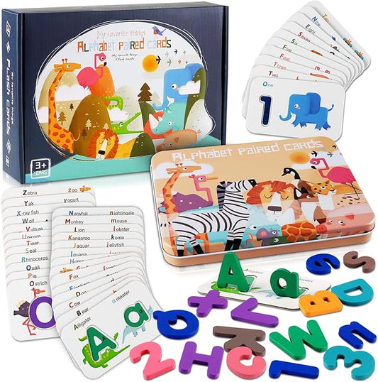 LOOIKOOS Number and Alphabet Flash Cards for Toddlers 3-5,ABC Montessori Toys for 3+ Year Old Wooden Letters Puzzle Preschool Learning Activities