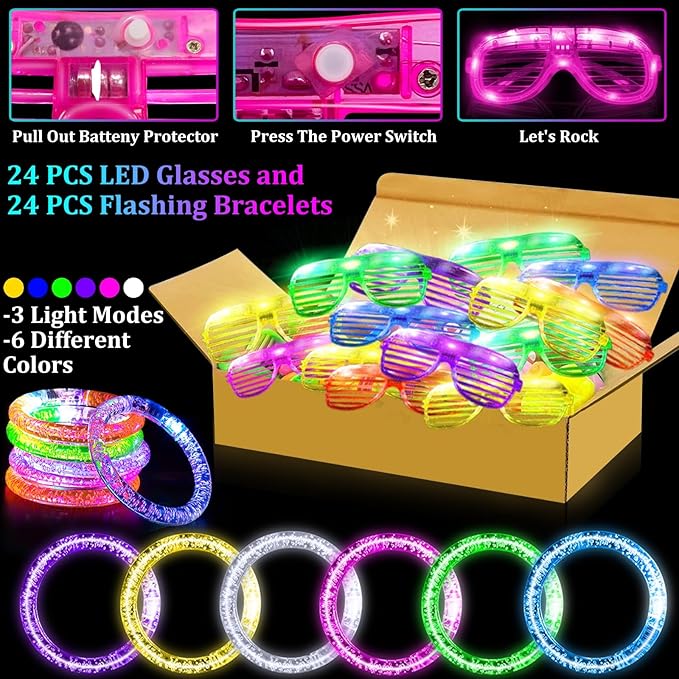 TURNMEON 148 PCS Glow in the Dark Party Supplies Light Up Toys with 24 Led Glasses, 24 Flashing Bracelets and 100 Glow Sticks Bulk Party Favors for Kid Adult Birthday Wedding Carnivals Concert