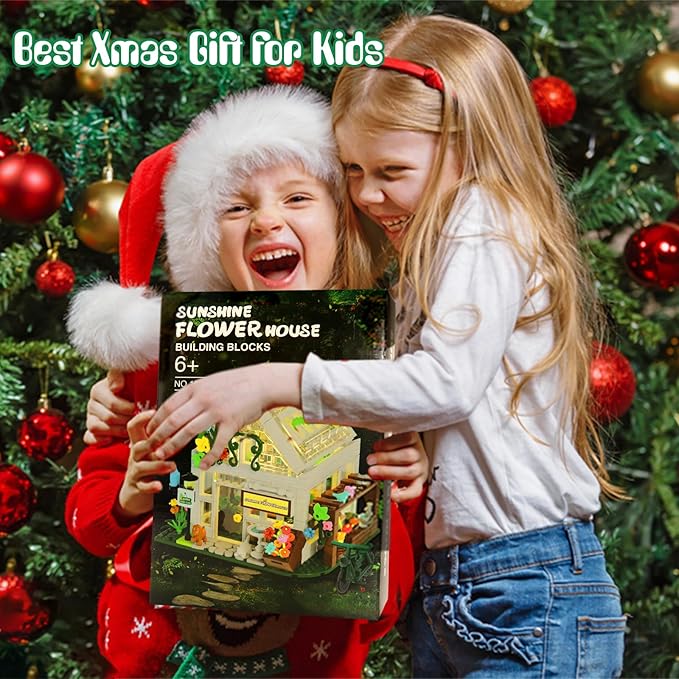 Flower House Building Blocks Set- Mini Garden Greenhouse,Flower Shop Building Kit with LED Lights,Creative Building Playset Toy,Valentines Day Gifts for Adults or Girls 6-12 Years