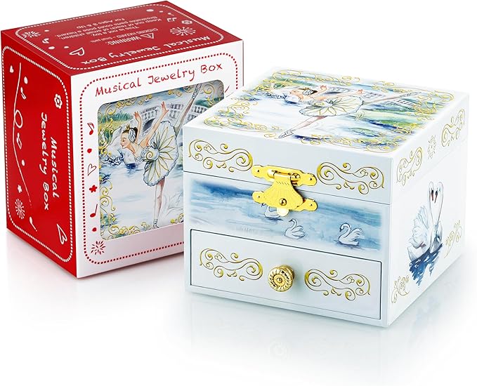 RR ROUND RICH DESIGN Kids Musical Jewelry Box with Drawer and Pretty Jewelry Set with Elegant Ballet Girl Theme - Swan Lake Tune White