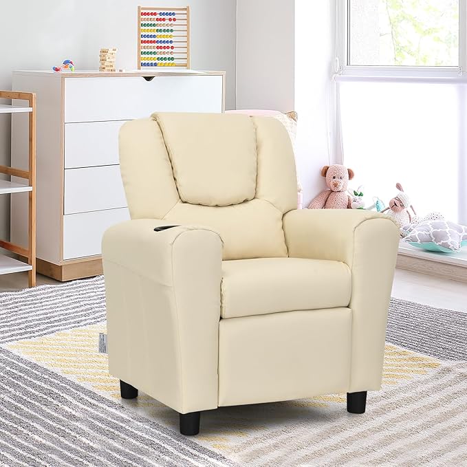 ARLIME Kids Recliner chair, toddler Armchair Upholstered Couch with Cup Holder, Backrest, baby Leather sofa with Headrest and Footrest, Child Furniture for Ages 2-7 (Beige)