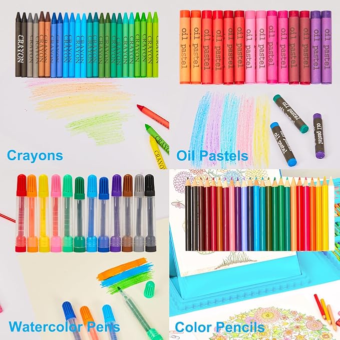 KINSPORY Art Kit, 290 Pack Art Sets Crafts Drawing Coloring kit, Double-Side Trifold Easel, Oil Pastels, Crayons, Colored Pencils, Creative Gift for Beginners Artists Girls Boys Kids (Blue)