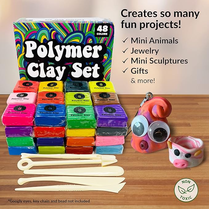 Oven Bake Polymer Clay Set, 48 Colors Modeling Clay Kit for Sculpting, Jewelry Making, Beads, Earrings, Molds, and Crafts