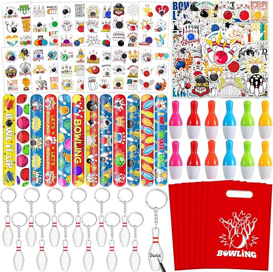 110 Pcs Bowling Party Favors, Bowling Party Favors Bags Temporary Tattoos Slap Bracelets Keychains Stickers Ballpoint Pen for Bowling Birthday Party Decorations Gifts for Kids Classroom Rewards