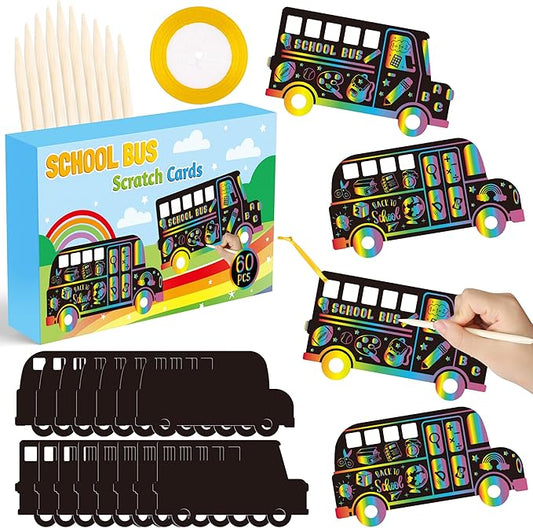 B1ykin School Bus Scratch Cards Gift - Back to School Magic Bus Scratch Paper Art Kit for Kids, DIY First Day of School Scratch Off Hanging Card Party Favors for Classroom Activity Art Project