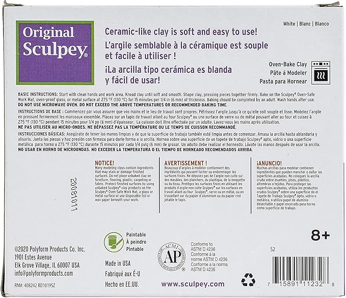 Sculpey: Original Clay: White - 1.75 lb - Polymer Oven Bake Clay, Non-Toxic, Sculpting, Bake-Sand-Paint, Adults & Kids, Art & Craft Supplies