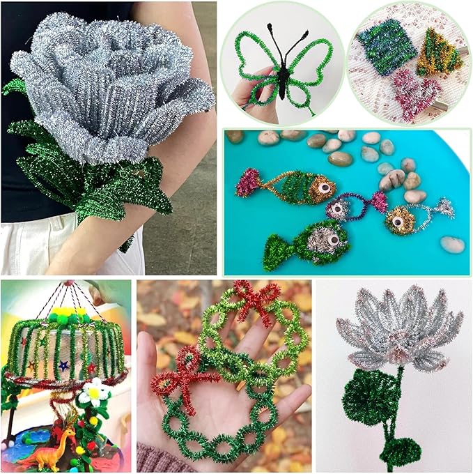 TOAOB 100pcs Christmas Glitter Pipe Cleaners Green Metallic Pipe Cleaners Craft Supplies 6mm x 12 Inch Chenille Stems Pipe Cleaners for Art DIY Crafts Decorations