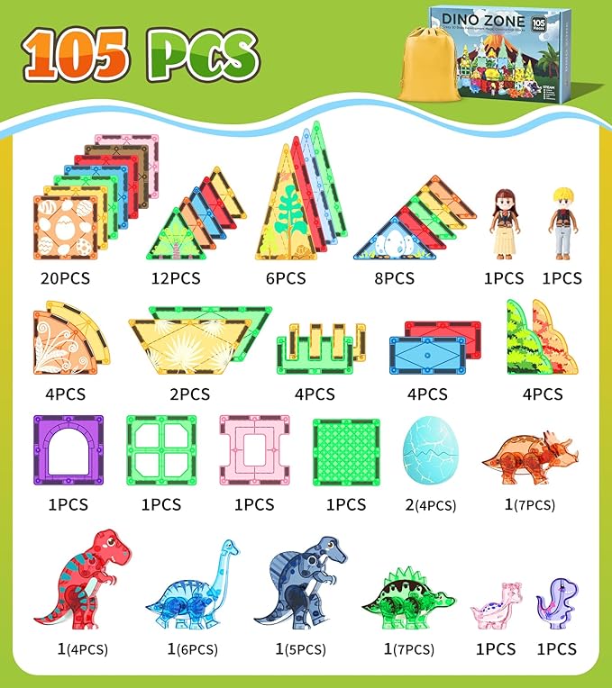 105 Pcs Dinosaur Egg Magnetic Tiles Set - 2 Eggs, 2 Baby Dinos & 5 Large Dinosaurs Toys for Kids 3-5, Magnet Building Blocks for Toddlers 1-3 & Kids Ages 4-8