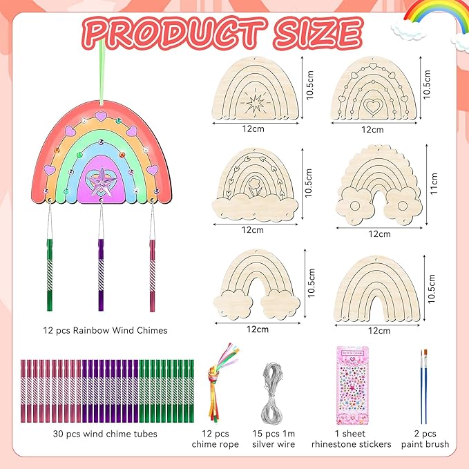 12 Pack Rainbow Wind Chime Kits DIY Wind Chime Crafts Make Your Own Wind Chimes DIY Coloring Wooden Art and Craft Gift for Girls Boys Spring Summer Home Classroom Party Activity Art Project