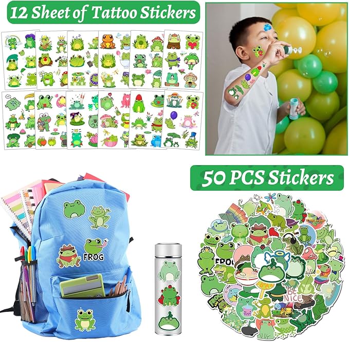 110 PCS Frog Party Favors, Frog Temporary Tattoos Slap Bracelets Keychains Stickers Badges Gift Bags for Frog Birthday Party Decorations Supplies Gifts for Kids Classroom Rewards Baby Shower