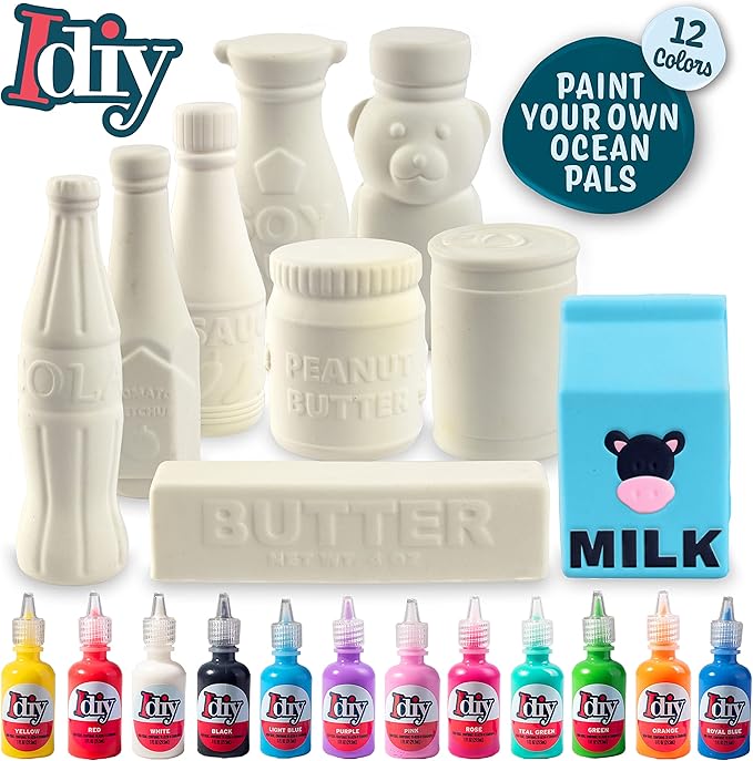 DIY Party Craft Kit Jumbo Food Container Squishies (9 Cute Pantry Shapes w 12 Fabric Paints)-White Kawaii Scented Slow Rise Squishy Toys, Scented Stress Relief, Kids Birthday Activity Gift (4"-6")