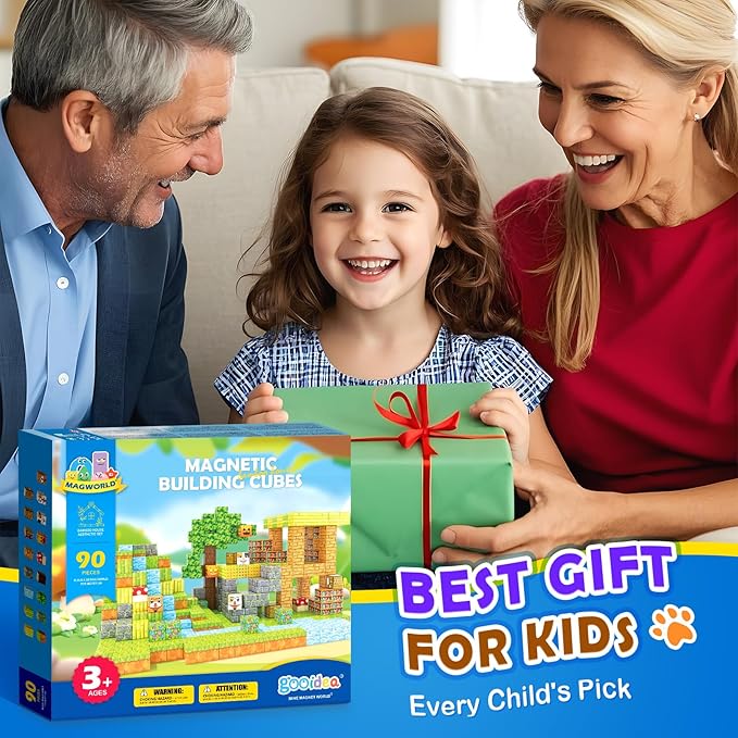 Gooidea Large Magnetic Blocks 1" Building Cubes Toys for Kids Ages 4-6 5-7 8-12, Magworld Bamboo House Building Craft Construction Toy Set, Creative Sensory Toys Game Gift for 3+ Year Old Boys Girls