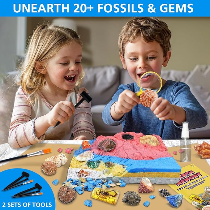 Volcano & Ocean Fossil Dig Kit, Dig up 20+ Real Fossils, Rocks, Shells & Sea Snails with Eruption Experiments, Earth Science Geology Kit for Kids, STEM Toy Gift for Boys & Girls Age 6-8-12
