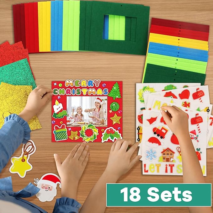 Qyeahkj 506pcs Christmas Foam Arts Craft Picture Frame Kit for Kids, 18 Sets Colorful Holiday Felt Picture Frame with Easel for DIY Xmas Winter Party Game Activities Favors Decors Supplies