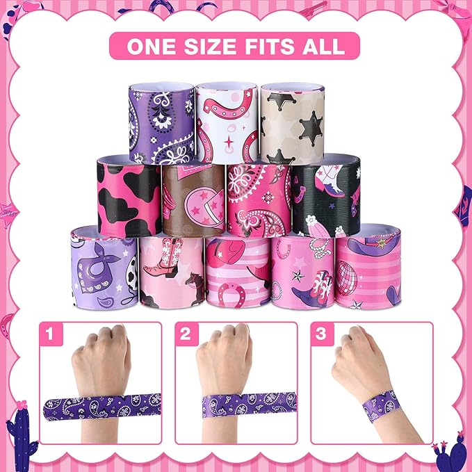 Junkin 48 Pcs Horse Party Favors Kids Western Party Slap Bracelets Disco Pink Cowgirl Cowboy Gifts Wristbands for Western Theme Birthday Party Supplies Stuffers Last Rodeo Bachelorette Prizes