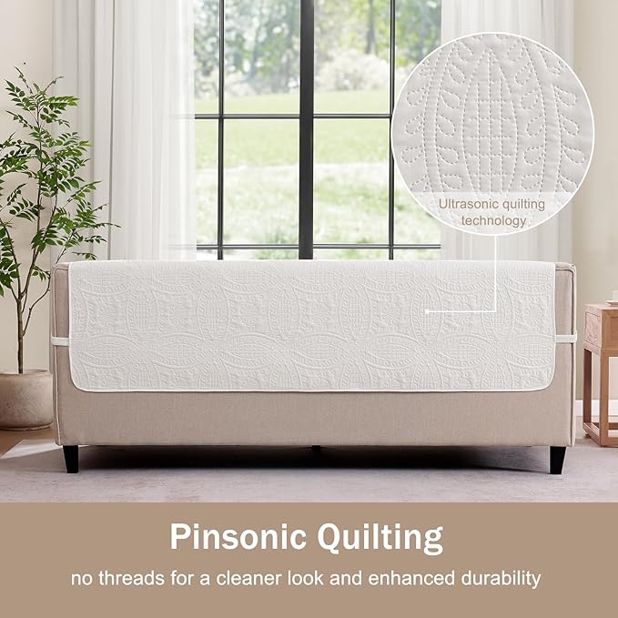 Quilted Sofa Slipcovers with Pockets, Anti-Slip Medallion Designed Couch Covers for 3 Cushion Sofa, Couch Cover for Dogs Cats Water-Repellent Machine Washable (Large Sofa 68", White)