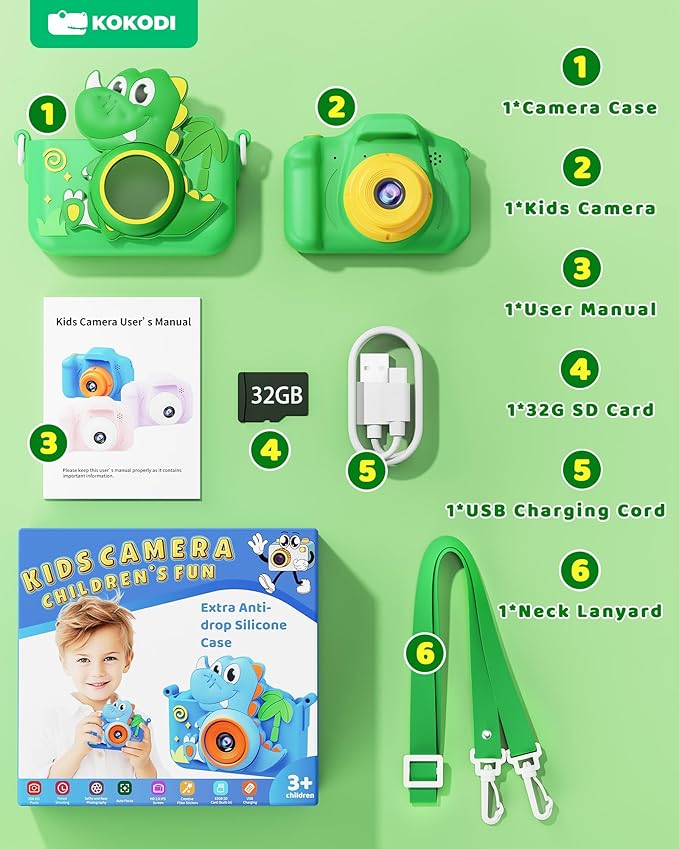 KOKODI Kids Camera Toy Digital Camera for Toddler Boys, Dinosaurs Birthday for Boys Age 3-12, 1080P HD Video Camera for Toddler, Kids Toys for 3-9 Year Old Kids with 32GB SD Card