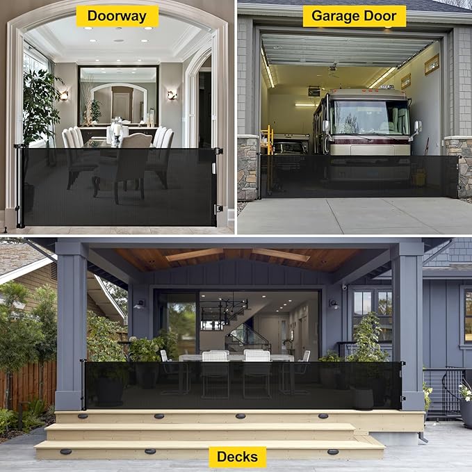 175 Inch Extra Wide Retractable Baby Gates for Large Openings, Extra Long Retractable Dog Gate for Doorways 33" Tall Mesh Pet Gate for Long Openings Extra Large Baby Gate for Indoor Outdoor (Black)