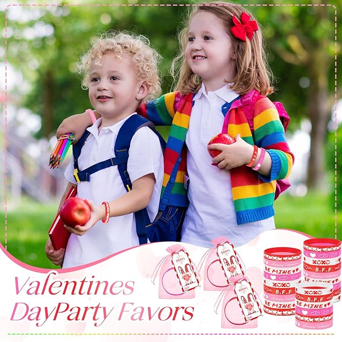 Liliful 24 Set Valentine's Day Classroom Gifts for Kids, 24 Pink Red Love Heart Silicone Wristbands with Cards and Organza Bags for Students Exchange Gift Valentine Party Favors Goodie Bag Stuffers