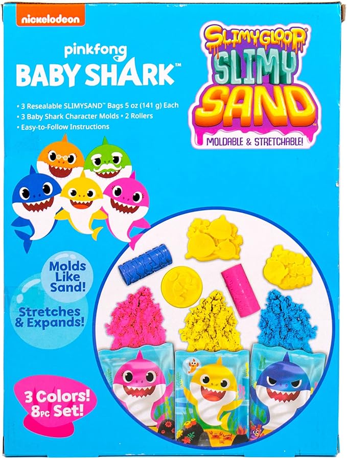 Horizon Group USA Baby Shark SLIMYGLOOP Slimy Sand, Includes 15 Oz. Stretchable, Moldable, Expandable Non-Stick Slimy Play Sand in 3, 3 Molds & 2 Impression Rollers Included