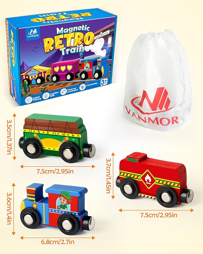 Vanmor Wooden Magnetic Train Set for Toddlers,10-Piece Educational Toy Cars with Magnets, Includes Storage Bag, Fine Motor Skills Educational Toys, Christmas Stocking Stuffer Toddler Boy Girl Gifts