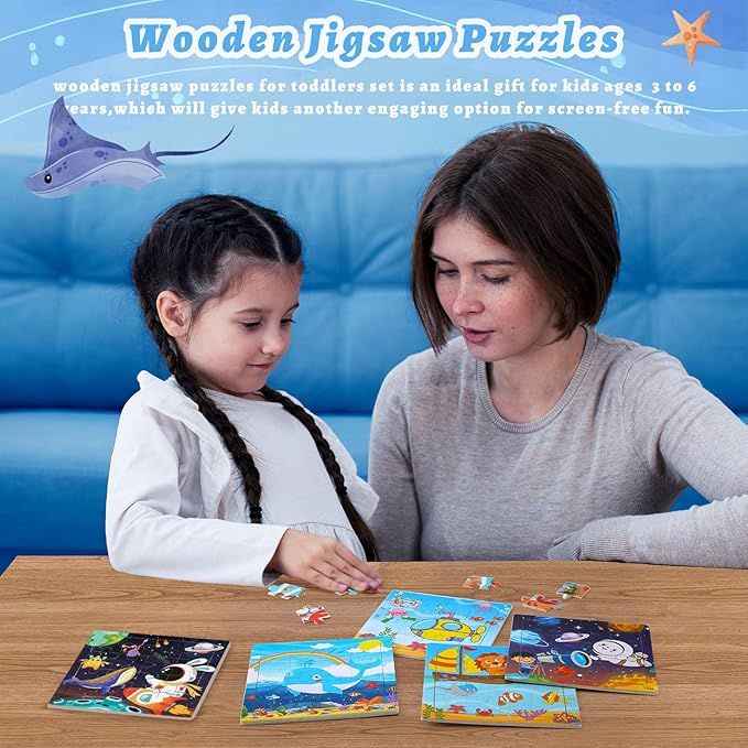 SANNIX 12 Pack Wooden Jigsaw Puzzles with 12 Organize Bags, Ocean and Space Toddlers Puzzles for Kids Ages 3 4 5, Party Favors Educational Learning Travel Toys for Boys Girls